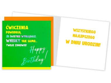 Zdjęcie: Karnet QR-006 Urodziny - ćwiczenia, whisky, Twoje zdrowie KUKARTKA