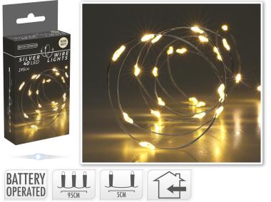 Zdjęcie: Drucik srebrny 195 cm 40 led ciepły biały na baterie KOOPMAN