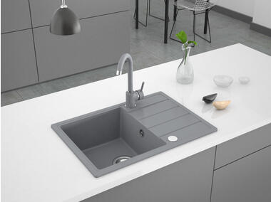 Zdjęcie: Zlewozmywak granitowy Metro 1-komorowy szary 62x44x19,5 cm syfon manualny, bateria U MILÓ