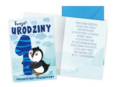 Zdjęcie: Karnet PR-438 Urodziny 1 - roczek, cyferki, pingwinek KUKARTKA