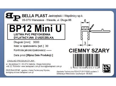 Zdjęcie: Listwa PVC BP12 Mini U L300 6/3 szary ciemny, tynkarska z uszczelką BELLA PLAST