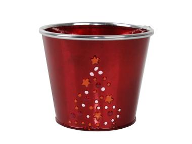 Zdjęcie: Osłonka doniczkowa metalowa z choinką 12,5x12,5x10 cm czerwona świąteczna TIN TOURS