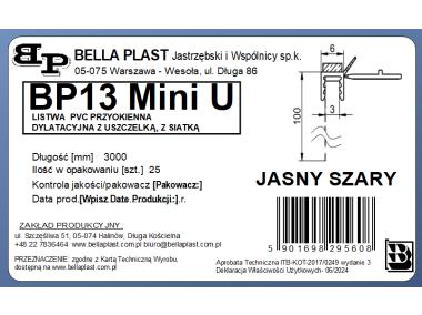 Zdjęcie: Listwa PVC BP13 Mini U L300 6/3 szary jasny, z siatką i z uszczelką BELLA PLAST
