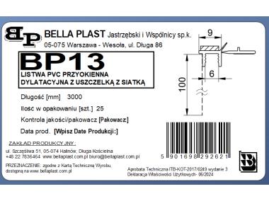 Zdjęcie: Listwa PVC BP13 L300 9/6 biały, przyokienna, dylatacyjna, z siatką i z uszczelką BELLA PLAST