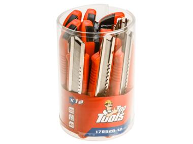 Zdjęcie: Nóż z ostrzem łamanym 18 mm, zestaw 12 sztuk w tubie TOP TOOLS