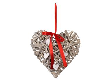 Zdjęcie: Serce wiklinowe z czerwoną tasiemką 25x25x7 cm brązowe TIN TOURS