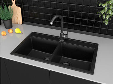 Zdjęcie: Zlewozmywak granitowy Metro 2-komorowy Lava Stone, 76x44x19 cm, czarny, syfon manualny MILÓ
