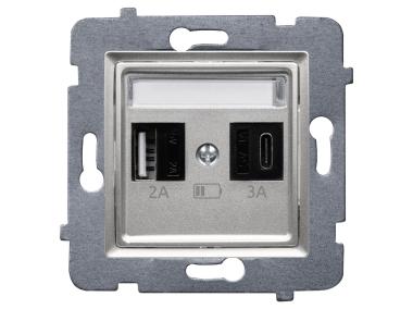 Zdjęcie: Ładowarka szybka USB A+C (A-10 W, C-20 W), bez ramki Rosa srebrny metalik POLMARK