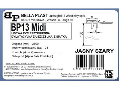 Zdjęcie: Listwa PVC BP13 Midi L250 9/3 szary jasny, dylatacyjna, z siatką i z uszczelką BELLA PLAST