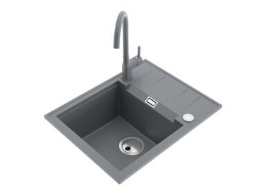 Zdjęcie: Zlewozmywak granitowy Avangard 1-komorowy szary 58x46x21,5 cm syfon automatyczny i bateria U MILÓ