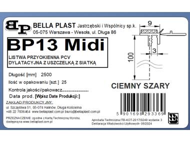 Zdjęcie: Listwa PVC BP13 Midi L250 9/3 szary ciemny, dylatacyjna, z siatką i z uszczelką BELLA PLAST