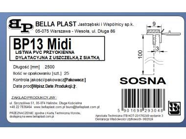Zdjęcie: Listwa PVC BP13 Midi L250 9/3 sosna, dylatacyjna z siatką i z uszczelką BELLA PLAST