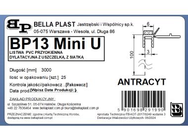 Zdjęcie: Listwa PVC BP13 Mini U L300 6/3 antracyt, z siatką i z uszczelką BELLA PLAST