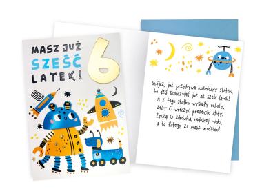 Zdjęcie: Karnet DKP-041 Urodziny 6 - cyferki, roboty KUKARTKA