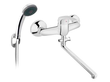 Zdjęcie: Bateria umywalkowo-wannowa ścienna z przyłączem natrysku Basic, z zestawem natryskowym, chrom FERRO