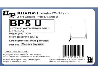 Zdjęcie: Listwa PVC wykończeniowa typu J, z uszczelką BP5 U 12,5 mm L300 biała BELLA PLAST