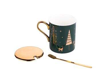 Zdjęcie: Kubek z pokrywką i łyżeczką 240 ml zielony dekoracja Gold Tree Gift Box ALTOMDESIGN