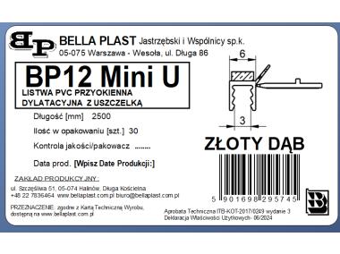Zdjęcie: Listwa PVC BP12 Mini U L250 6/3 złoty dąb, tynkarska z uszczelką BELLA PLAST