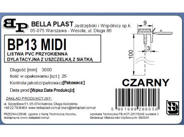 Zdjęcie: Listwa PVC BP13 Midi L300 9/3 czarny, dylatacyjna, z siatką i z uszczelką BELLA PLAST