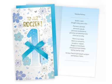 Zdjęcie: Karnet PM-267 1 Urodziny - roczek, cyferki, niebieskie kwiatki KUKARTKA