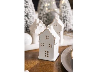 Zdjęcie: Świecznik ceramiczny świąteczny LED domek biały ze złotą linią 12,5 cm ALTOMDESIGN