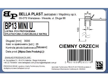 Zdjęcie: Listwa PVC BP13 Mini U L300 6/3 orzech ciemny, z siatką i z uszczelką BELLA PLAST
