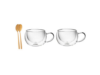 Zdjęcie: Filiżanki termiczne Andrea 300 ml - 2 szt. + 2 łyżeczki złote ALTOMDESIGN
