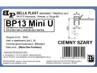 Zdjęcie: Listwa PVC BP13 Mini U L300 6/3 szary ciemny, z siatką i z uszczelką BELLA PLAST