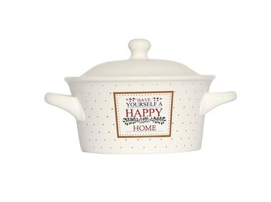 Zdjęcie: Naczynie porcelanowe z pokrywką Happy Home 13x6,5 cm kremowyowe opaska pvc ALTOMDESIGN