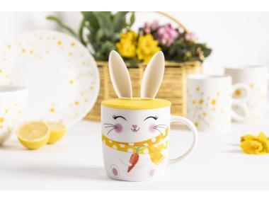 Zdjęcie: Kubek baryłka 400 ml z pokrywką silikonową uszy zająca dekoracja uśmiechnięty zajączek ALTOM DESIGN