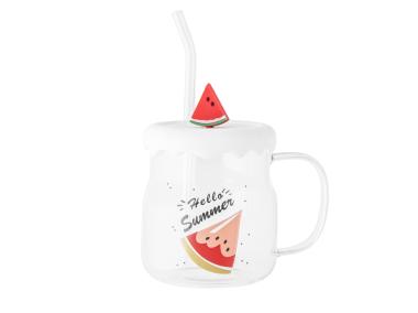 Zdjęcie: Kubek szklany z silikonową pokrywką i szklaną słomką 600 ml dekoracja arbuz ALTOM DESIGN