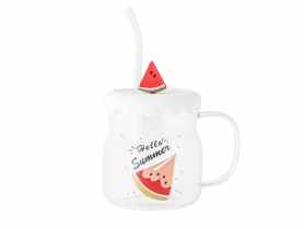 Kubek szklany z silikonową pokrywką i szklaną słomką 600 ml dekoracja arbuz ALTOM DESIGN