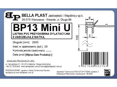 Zdjęcie: Listwa PVC BP13 Mini U L250 6/3 biały, przyokienna, dylatacyjna, z siatką i z uszczelką BELLA PLAST