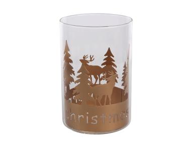 Zdjęcie: Świecznik szklany w złotej metalowej osłonce Merry xmas 10x10x15 cm ALTOMDESIGN