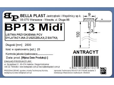 Zdjęcie: Listwa PVC BP13 Midi L250 9/3 antracyt, dylatacyjna, z siatką i z uszczelką BELLA PLAST
