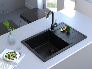 Zdjęcie: Zlewozmywak granitowy Metro1 duża komora Lava Stone, z ociekaczem, 68x44x19,5 cm, czarny syfon MILÓ