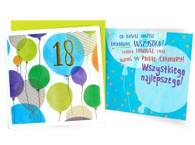Zdjęcie: Karnet QR-012 Urodziny 18 - osiemnastka, cyfry, balony niebieskie KUKARTKA