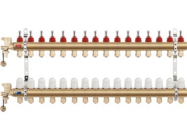 Zdjęcie: Rozdzielacz mosiężny z zaworami termostatycznymi i przepływomierzami 15-drogowy FERRO