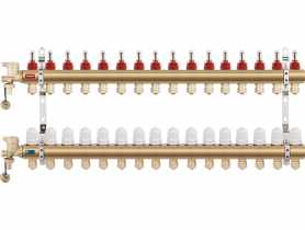 Rozdzielacz mosiężny z zaworami termostatycznymi i przepływomierzami 15-drogowy FERRO