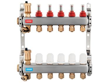 Zdjęcie: Rozdzielacz 6-drogowy z zaworami termostatycznymi, przepływomierzami i złączkami FERRO