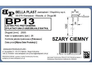 Zdjęcie: Listwa PVC BP13 L250 9/6 szary ciemny, przyokienna, dylatacyjna, z siatką i z uszczelką BELLA PLAST