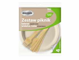 Zestaw piknik, talerze papierowe, widelce, noże drewniane 4 komplety GROSIK