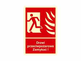 Oznaczenie "Drzwi przeciwpożarowe Zamykać! Kierunek drogi ewakuacyjnej w lewo" 15x22,2 cm METRO