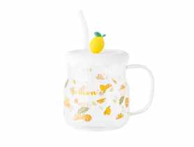 Kubek szklany z silikonową pokrywką i szklaną słomką 600 ml dekoracja cytryna ALTOM DESIGN