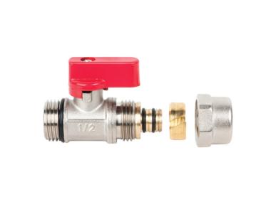 Zdjęcie: Zawór kulowy mini z dławikiem ze złączką Pex, GZ 1/2x16, czerowny INVENA