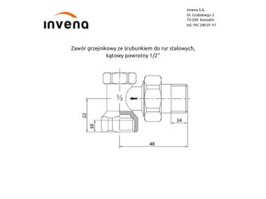 Zdjęcie: Zawór grzejnikowy ze śrubunkiem do rur stalowych, kątowy powrotny 1/2 INVENA