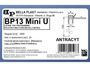 Zdjęcie: Listwa PVC BP13 Mini U L250 6/3 antracyt, z siatką i z uszczelką BELLA PLAST