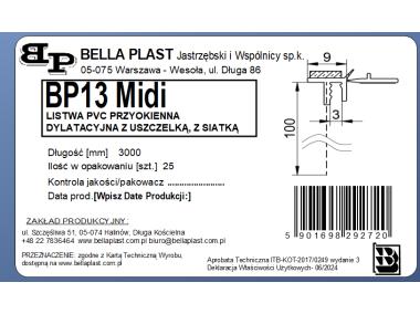 Zdjęcie: Listwa PVC BP13 Midi L300 9/3 biały, dylatacyjna, z siatką i z uszczelką BELLA PLAST