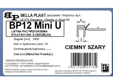 Zdjęcie: Listwa PVC BP12 Mini U L250 6/3 szary ciemny, tynkarska z uszczelką BELLA PLAST