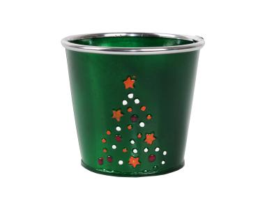 Zdjęcie: Osłonka świąteczna z choinką 11x11x10 cm metalowa zielona TIN TOURS